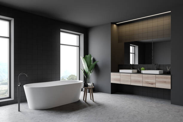 istock Gray bathroom corner, tub and sink 1183716133