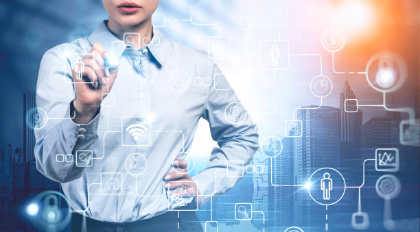 istock Woman working with business interface in city 1183718322