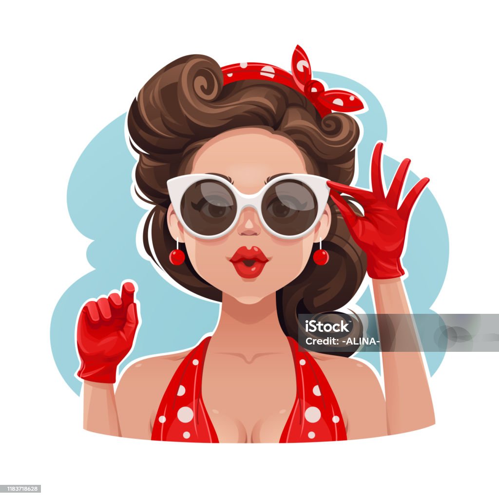 Pin-Up Girl Wearing Sunglasses Funny Pop Art Vector Portrait of a Pin-Up Beauty Wearing Red Gloves and Adjusting Her Retro Sunglasses. Pin-Up Girl stock vector