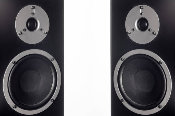 istock Two Hifi black loud speaker box in close up.Professional audio equipment 1183719980