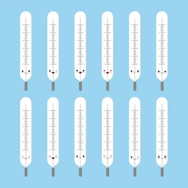 Vector illustration of Cute cartoon thermometer with different emotions. Vector illustration set.