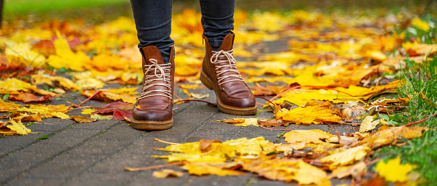 legs of a woman in black pants and brown boots walking in a park along the sidewalk strewn with fallen leaves. The concept of turnover seasons. Weather background