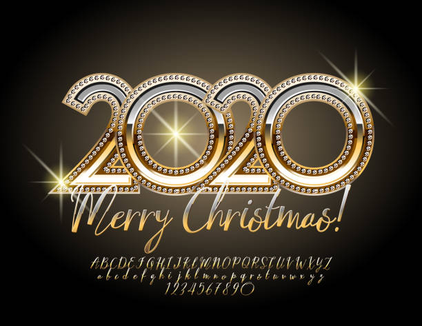 istock Vector shiny greeting card Merry Christmas 2020! Calligraphy Golden Alphabet Letters and Numbers 1183723489