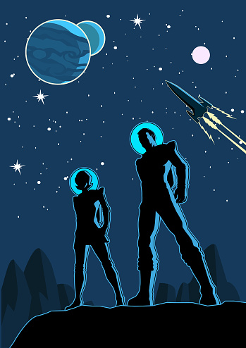 A retro style vector illustration of a couple of astronauts standing on a planet with outer space scene in the background. Layered easy to edit. Space available for your copy.