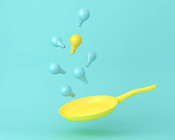 A Yellow Light bulb Floating among blue light bulbs with yellow pan.