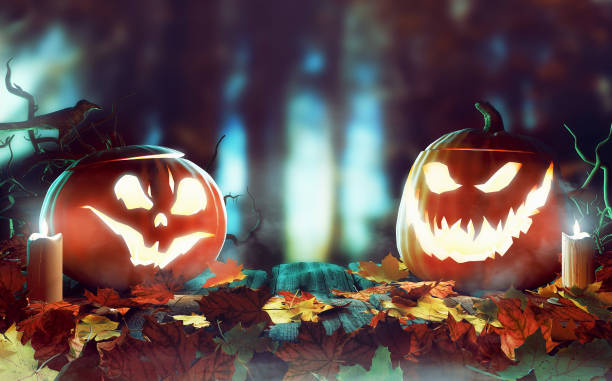 istock Halloween Pumpkins On Wood At Night 1183727546