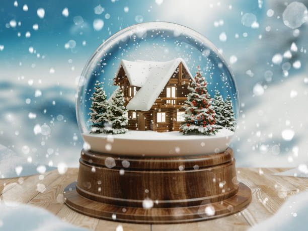 Beautiful snow ball or snowglobe with snowfall and Christmas tree inside. 3d rendering stock photo
