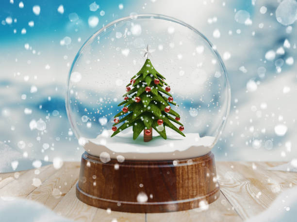 istock Beautiful snow ball or snowglobe with snowfall and Christmas tree inside. 3d rendering 1183728618