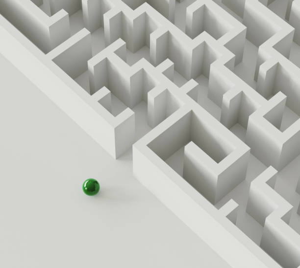 istock Sphere standing in front of the entrance to the maze. Solution concept. 3d rendering 1183728627
