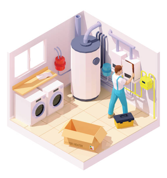 ilustrações de stock, clip art, desenhos animados e ícones de vector isometric technician on water heater or boiler installation - boiler repairing water heater radiator