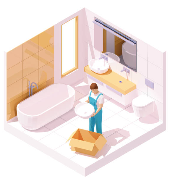 Vector isometric plumber installing sink in bathroom Vector isometric plumber installing sink in bathroom. Modern bathroom with white bathtub, two sinks, faucets, bowl. Handyman setting washbasin water sanitation worker washing faucet stock illustrations