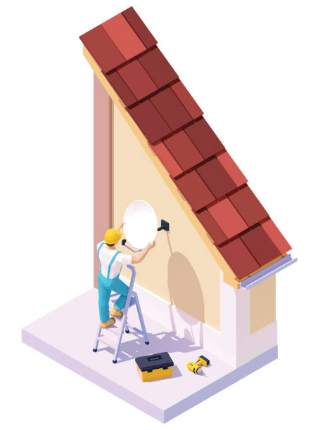 Vector isometric man installing tv satellite dish Vector isometric man on ladder installing satellite dish on the building wall. Technician holding tv antenna, adjusting or fitting satellite antenna house stock illustrations