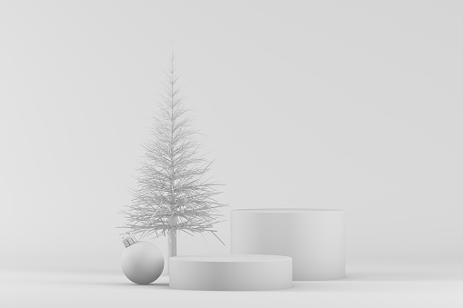 3d rendering of empty product stand, platform on white background, white colors, Christmas, new year concept. Christmas ornaments.