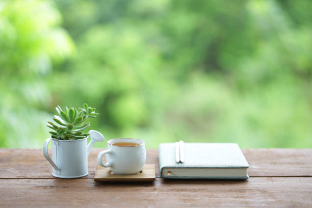 istock tea cup and tea pot with small plant pot and diary notebook on wooden table 1183731652