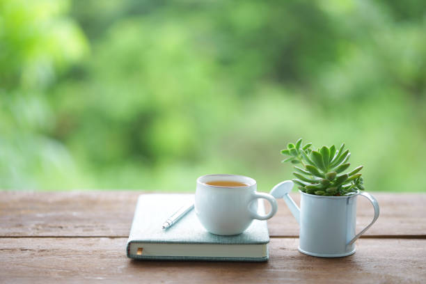istock tea cup and tea pot with small plant pot and diary notebook on wooden table 1183731654