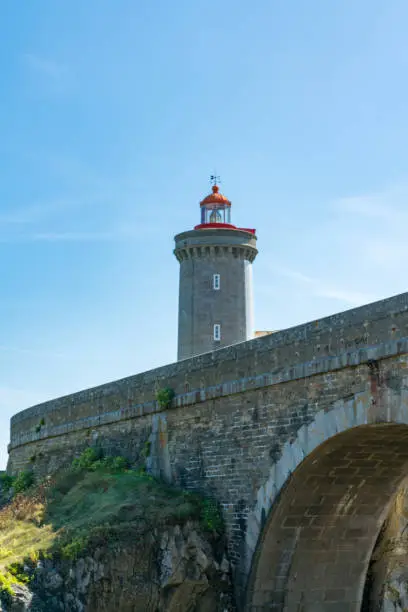Plouzane / Finistere / France - 22 August, 2019: vertical view of the Petit Minou lighthouse on the Brittany coast