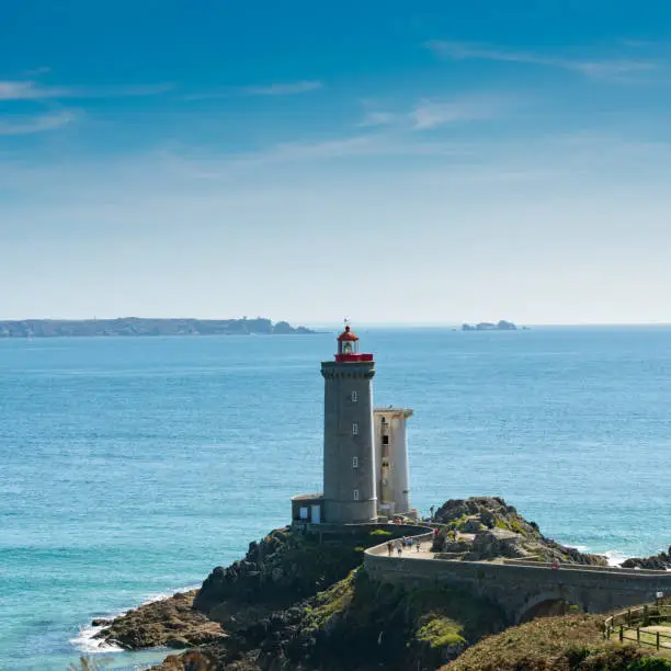Plouzane / Finistere / France - 22 August, 2019: tourists visiting the historic Petit Minou lighthouse on the Brittany coast