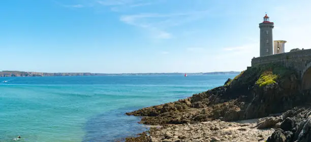 Plouzane / Finistere / France - 22 August, 2019: panorama view of thr Petit Minou lighthouse on the Brittany coast