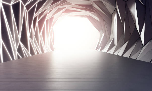 istock Geometric shapes structure on gray concrete floor with white wall background in big hall or modern showroom. 1183737711
