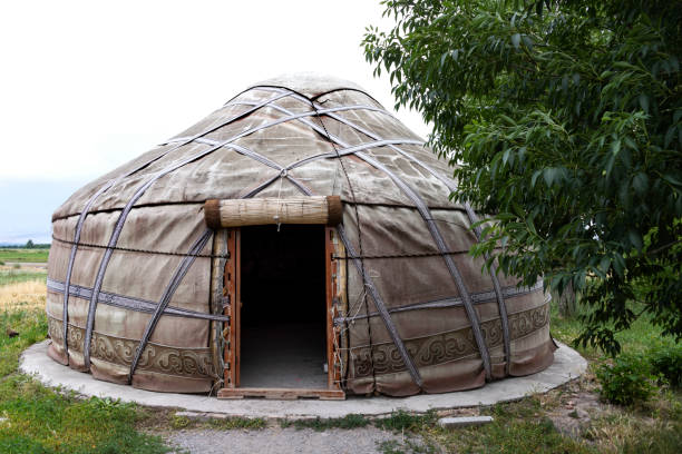 istock White yurt with an open entrance next to a tree. 1183738588