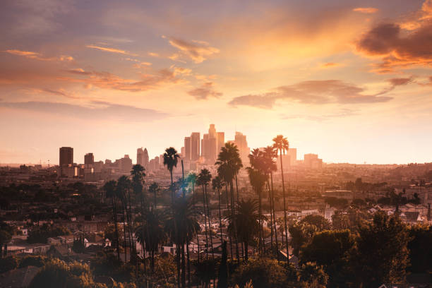 los angeles stadtbild in der dämmerung - verwaltungsbezirk los angeles county stock-fotos und bilder