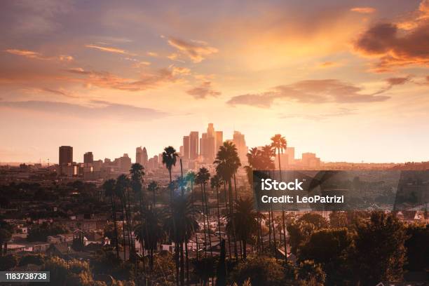 Los Angeles Cityscape At Dusk Stock Photo - Download Image Now - City Of Los Angeles, Los Angeles County, Urban Skyline