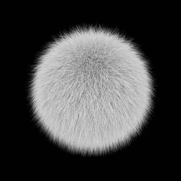 White fluffy ball, fur pompon isolated on black background. 3D rendering