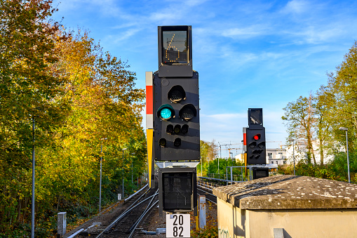 Berlin, Germany - October 26, 2019: Signal and track of the Berlin S-Bahn at Berlin-Lichtenrade station.