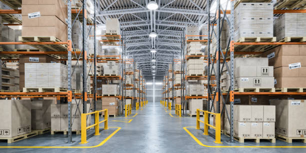 warehouse or storage and shelves with cardboard boxes. industrial background. - warehouse forklift distribution warehouse merchandise imagens e fotografias de stock