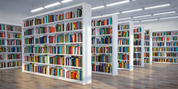 Library. Background from white  bookshelves with books and textbooks. Learning and education concept. Library. Background from white  bookshelves with books and textbooks. Learning and education concept. 3d illustration bookshelf library book bookstore stock pictures, royalty-free photos & images