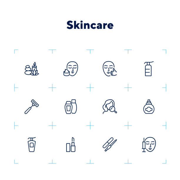 Skin care line icon set Skin care line icon set. Injection, lipstick, manicure. Beautician concept. Can be used for topics like beauty salon, makeup, cosmetology botox bottle stock illustrations