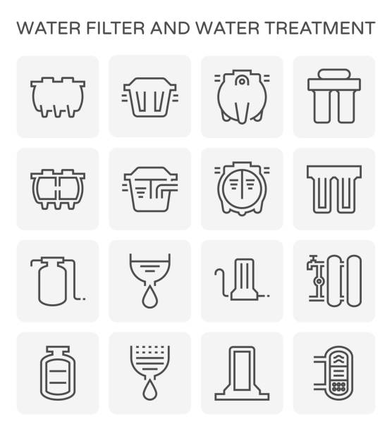 water filter icon Water filter and water treatment equipment vector icon set design for water treatment industrial graphic design element, editable stroke. water treatment plant stock illustrations
