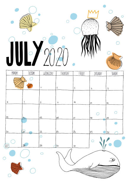 vector illustration of a hand drawn calendar of july 2020 with colored doodles vector art illustration