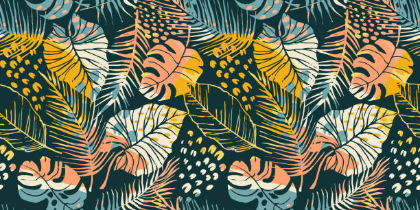 ilustrações de stock, clip art, desenhos animados e ícones de abstract creative seamless pattern with tropical plants and artistic background. - pattern illustration and painting backgrounds seamless