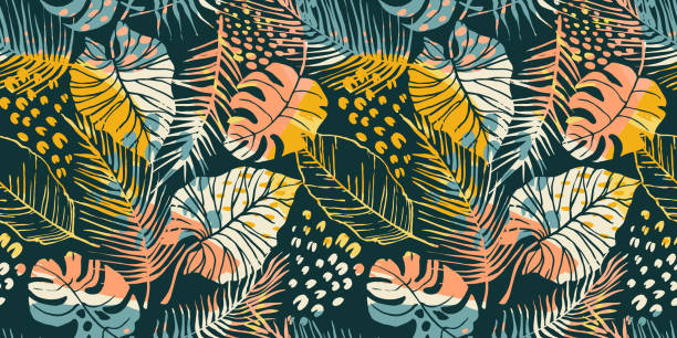 абстрактный творческий бесшовный узор с тропическими растениями и художественным фоном. - beach retro revival old fashioned palm tree stock illustrations