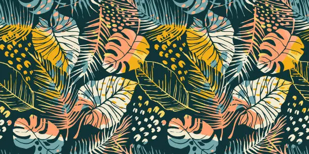 Vector illustration of Abstract creative seamless pattern with tropical plants and artistic background.