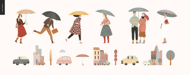 deszcz - ludzie spacerowi ustawili - puddle street water women stock illustrations
