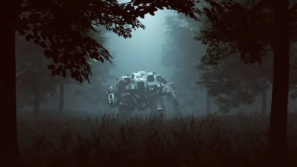 Futuristic AI Battle Droid Cyborg Mech with Glowing Lens Standing in a Wooded Clearing with a Beam of Light 3d illustration 3d render