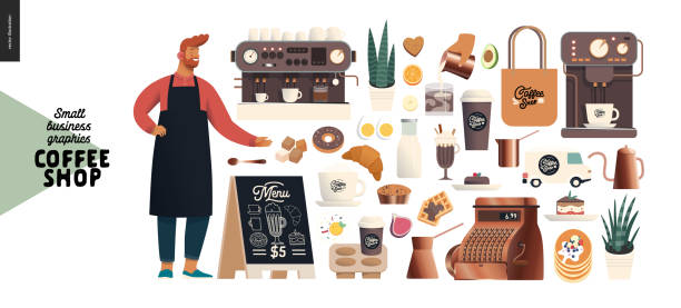 커피숍 - 소규모 비즈니스 그래픽 - 생성자 세트 - espresso coffee cream coffee shop stock illustrations