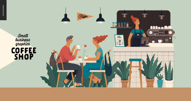 Coffee shop - small business graphics - visitors Coffee shop interior-small business illustrations -visitors -modern flat vector concept illustration of a young couple, cafe visitors and barista at the bar counter, lamps above. surrounded by plants barista stock illustrations