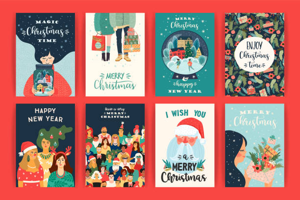 stockillustraties, clipart, cartoons en iconen met set van kerstmis en gelukkig nieuwjaar illustraties. vector ontwerp templates. - christmas people