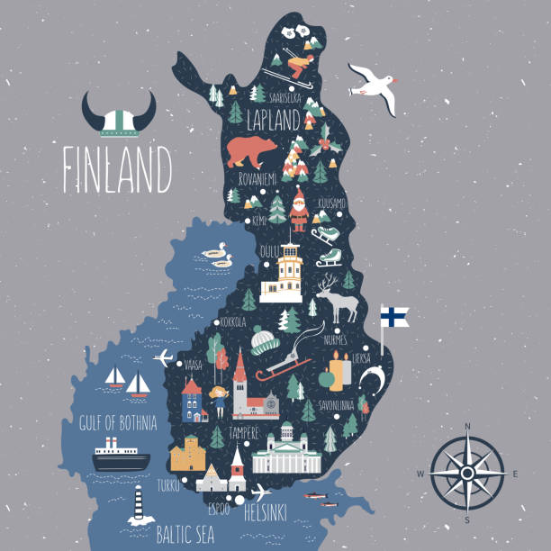 finnland reise cartoon vektor karte, finnische sehenswürdigkeiten, symbole, tiere, flache gebäude lutherische kathedrale von helsinki, kathedrale von espoo, tempel von tampere, schlösser von turku, oulu, flache illustration - helsinki stock-grafiken, -clipart, -cartoons und -symbole
