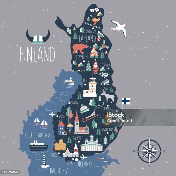 芬蘭旅遊卡通向量地圖芬蘭地標符號動物平面建築赫爾辛基路德大教堂埃斯波大教堂坦佩雷神廟圖爾庫城堡奧盧平面插圖向量圖形及更多芬蘭圖片