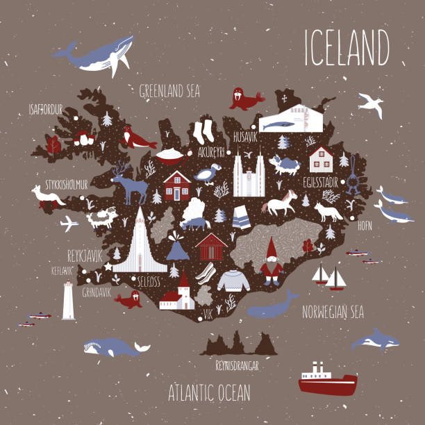 아이슬란드, 북유럽 국가 지리적 벽지, 아이슬란드 랜드 마크, 동물, 음식 국가 기호, 옷 벡터 귀여운 일러스트 장식 포스터, 여행 디자인 및 아이를위한 플랫 스타일 만화지도 - iceland stock illustrations