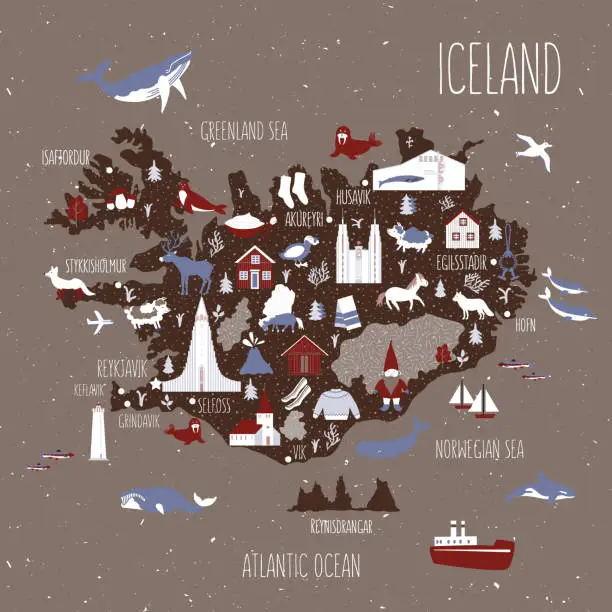 Vector illustration of Cartoon map of Iceland, Nordic country geographic wallpaper, Icelandic landmark, animal, food national symbol, clothes vector cute illustration decorative poster, flat style for travel design and kid