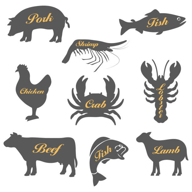 ilustrações, clipart, desenhos animados e ícones de jogo dos ícones dos animais - chicken fish beef pig