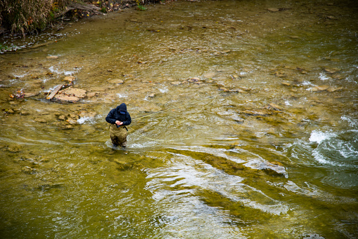 A teen fly-fisherman casting on a trout stream