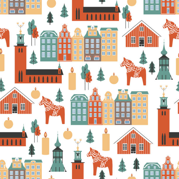 nahtloses muster, schwedische reise cartoon vektor wahrzeichen, flache gebäude, rathaus von stockholm, gamla stan, glockenturm der kirche, kiruna, dalarna pferd, kerze, baum isoliert auf weißem hintergrund - architecture art backgrounds church stock-grafiken, -clipart, -cartoons und -symbole