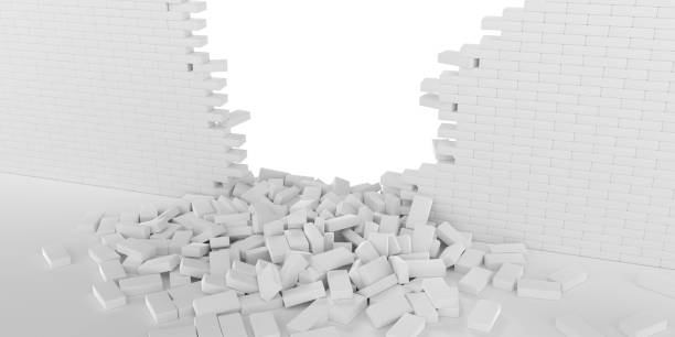 istock 3D rendering Destruction of a white brick wall on white background 1183758124