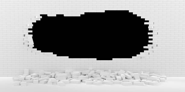 istock 3D rendering Destruction of a white brick wall on black background 1183758196